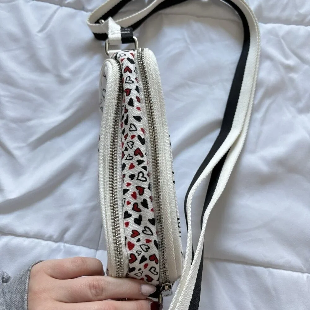 Brighton Love Scroll Canvas‎ Crossbody Bag Purse White Red Black Hearts